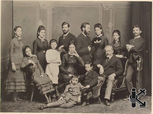 The Jacob Freud family, Vienna, ca. 1878. Copyprint. Freud Museum, London (7)
(left to right standing) Pauline, Anna, unidentified girl, Sigmund, possibly Rosa's fiancé, Rosa, Marie, and Simon Nathanson [Amalia's cousin]; (sitting) Adolfine, Amalia, unidentified boy, Alexander, and Jacob-vintage sexology-sigmund freud-sex therapy-sexology